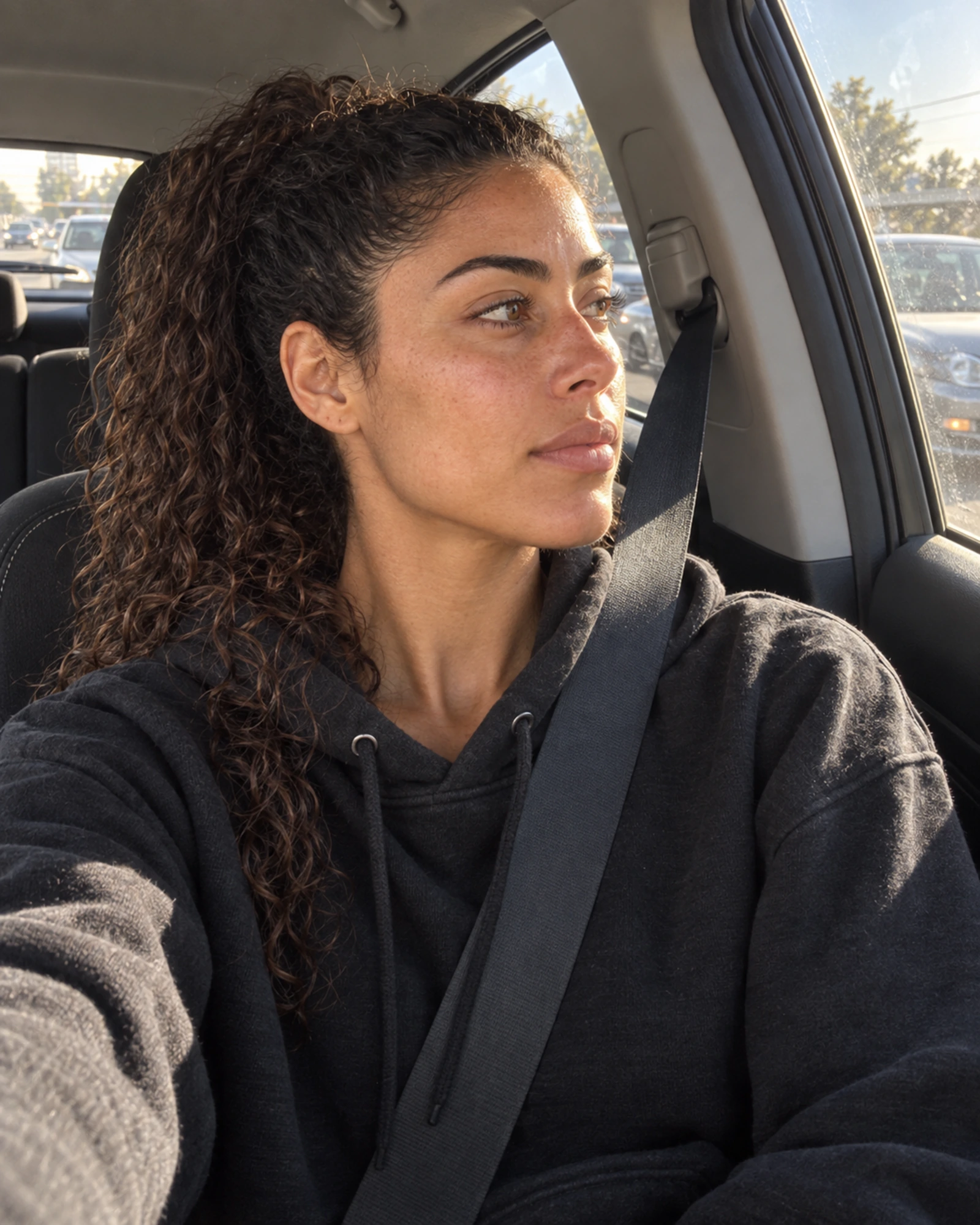 Camila taking a candid passenger-seat selfie