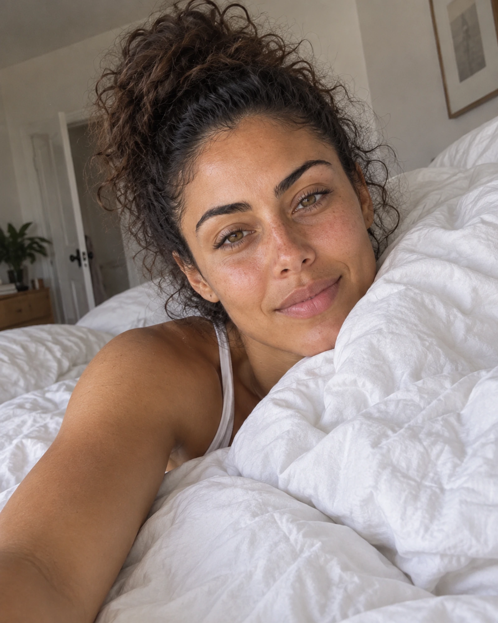 Camila partly hidden under a duvet in an imperfect morning selfie