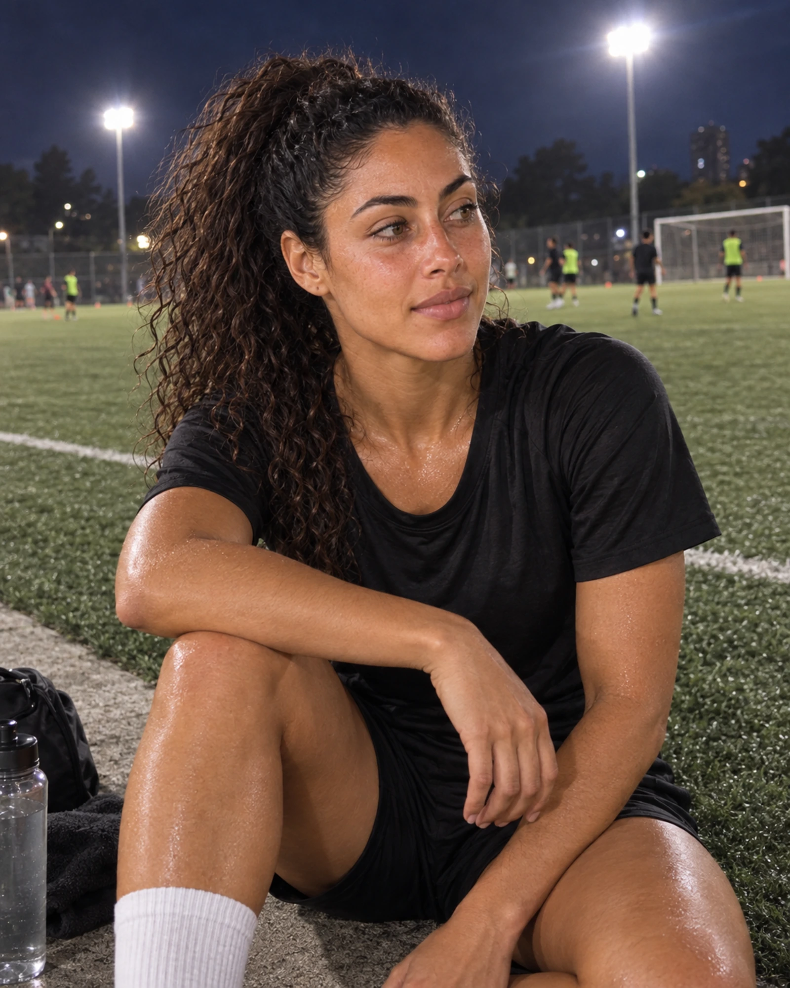 Camila catching her breath after football training at night
