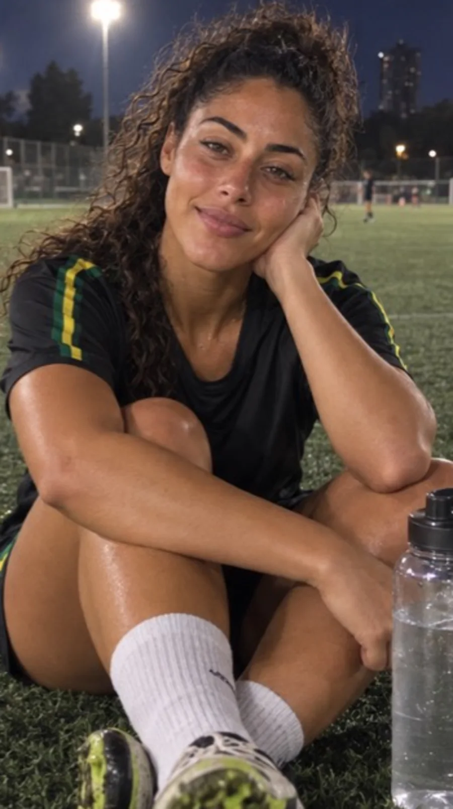 Camila resting on the football field after training