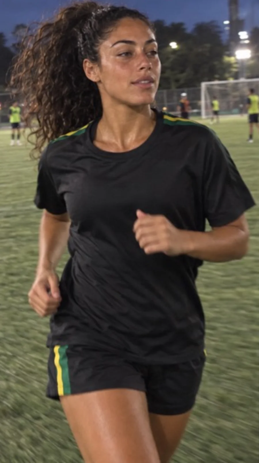 Camila jogging during football training at night